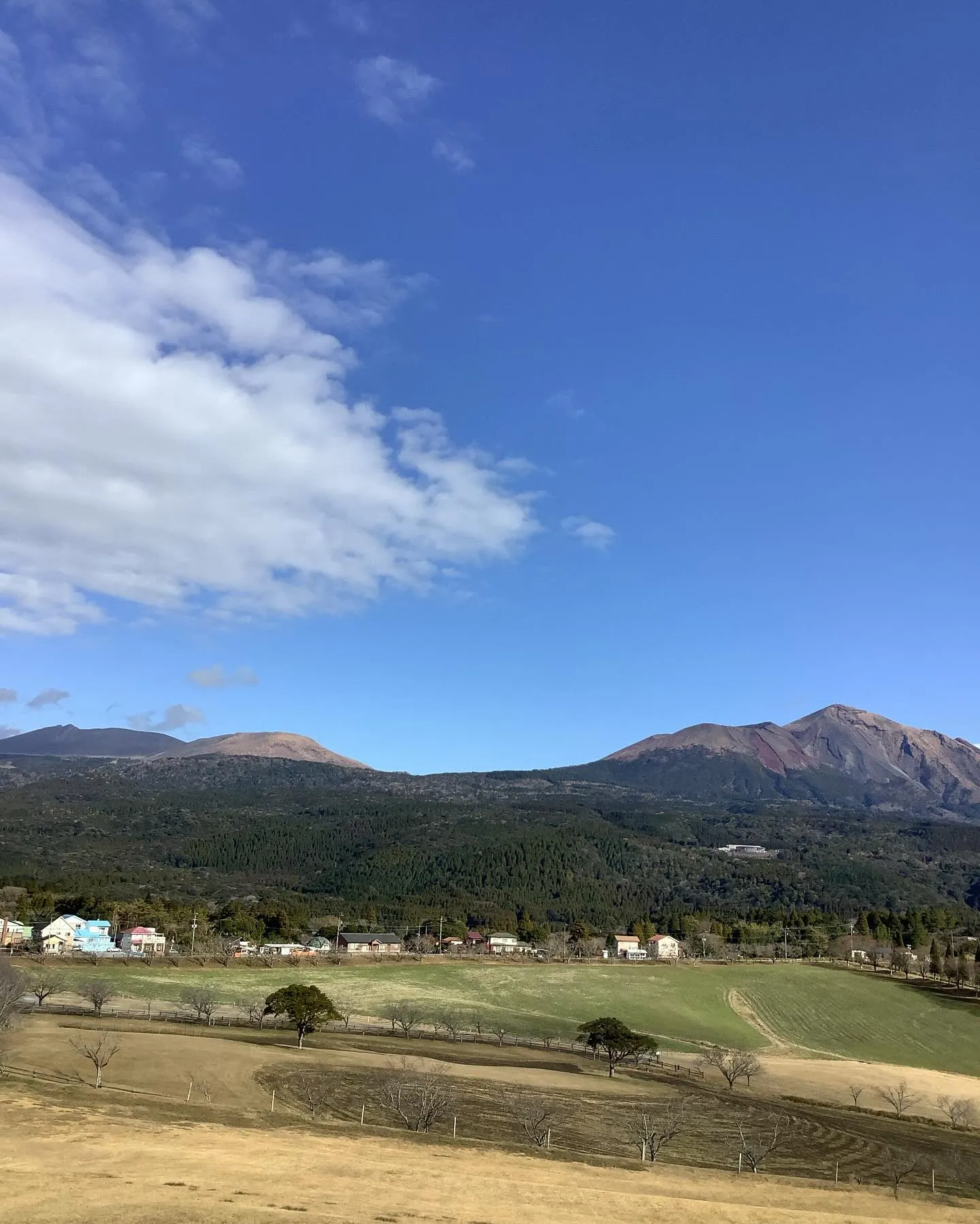 高千穂牧場の羊達と天孫降臨の山高千穂峯と霧島連山です。